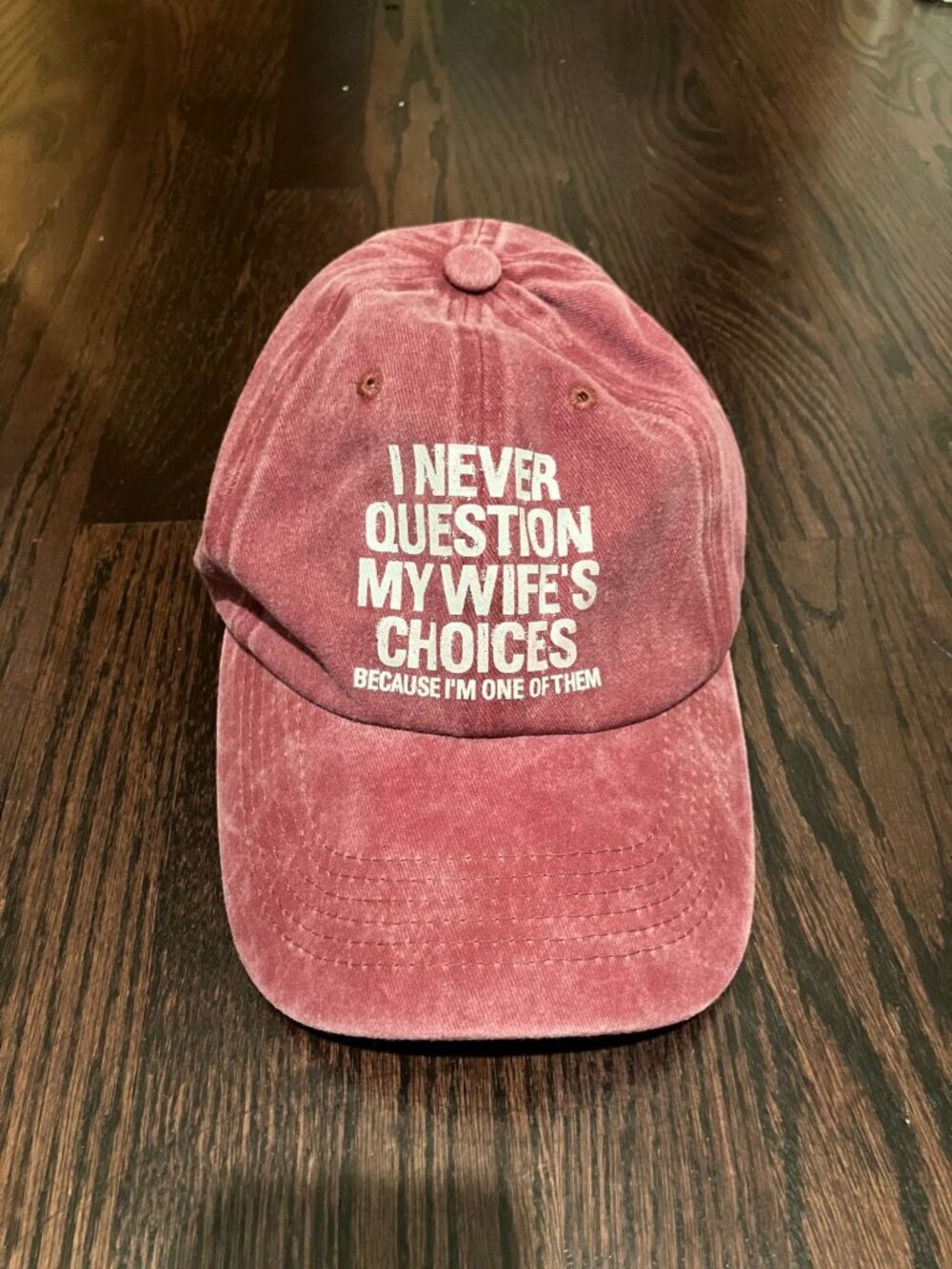 Mens Novelty Hat I Never Question My Wife's Choices Maroon Adjustable Cap